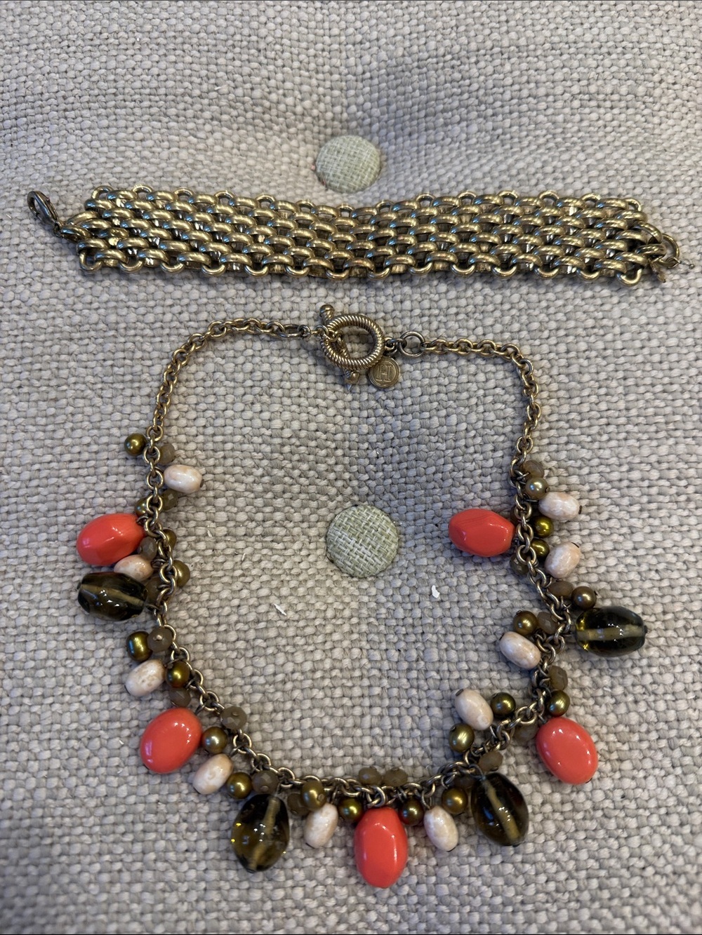 Matte Gold-Tone Coral/ green charm necklace and bracelet.